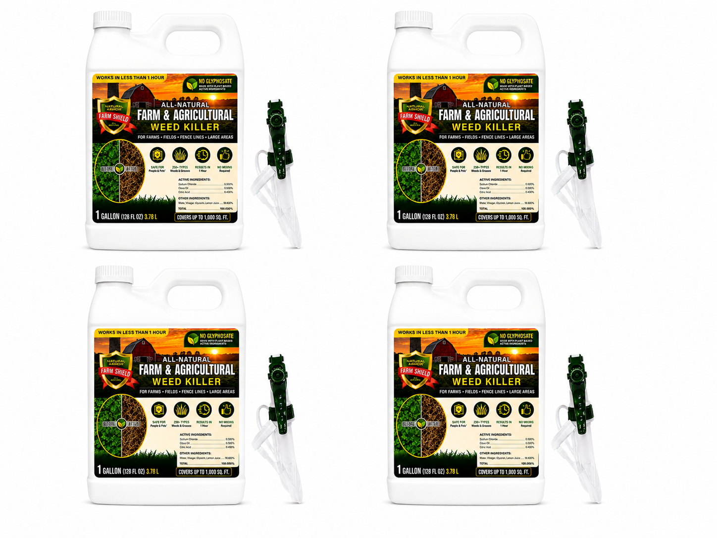Farm & Agricultural All-Natural Weed and Grass Killer Case of 4-Gallons (512 oz) with Triggers